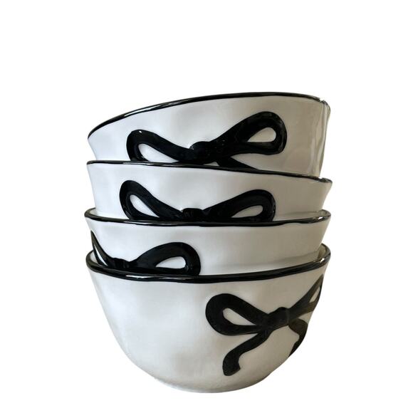 Hand Painted Coquette Black Bow Salad Bowls 6.25in White Ceramic Set of 4 NEW - Picture 1 of 15